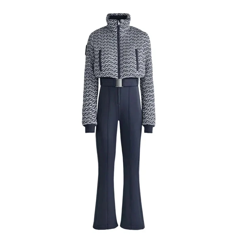 Mono deportivo largo de esquí grueso para mujer, elegante, de cintura alta, con cuello levantado, cinturón con cremallera, pelele cálido e impermeable, 2026