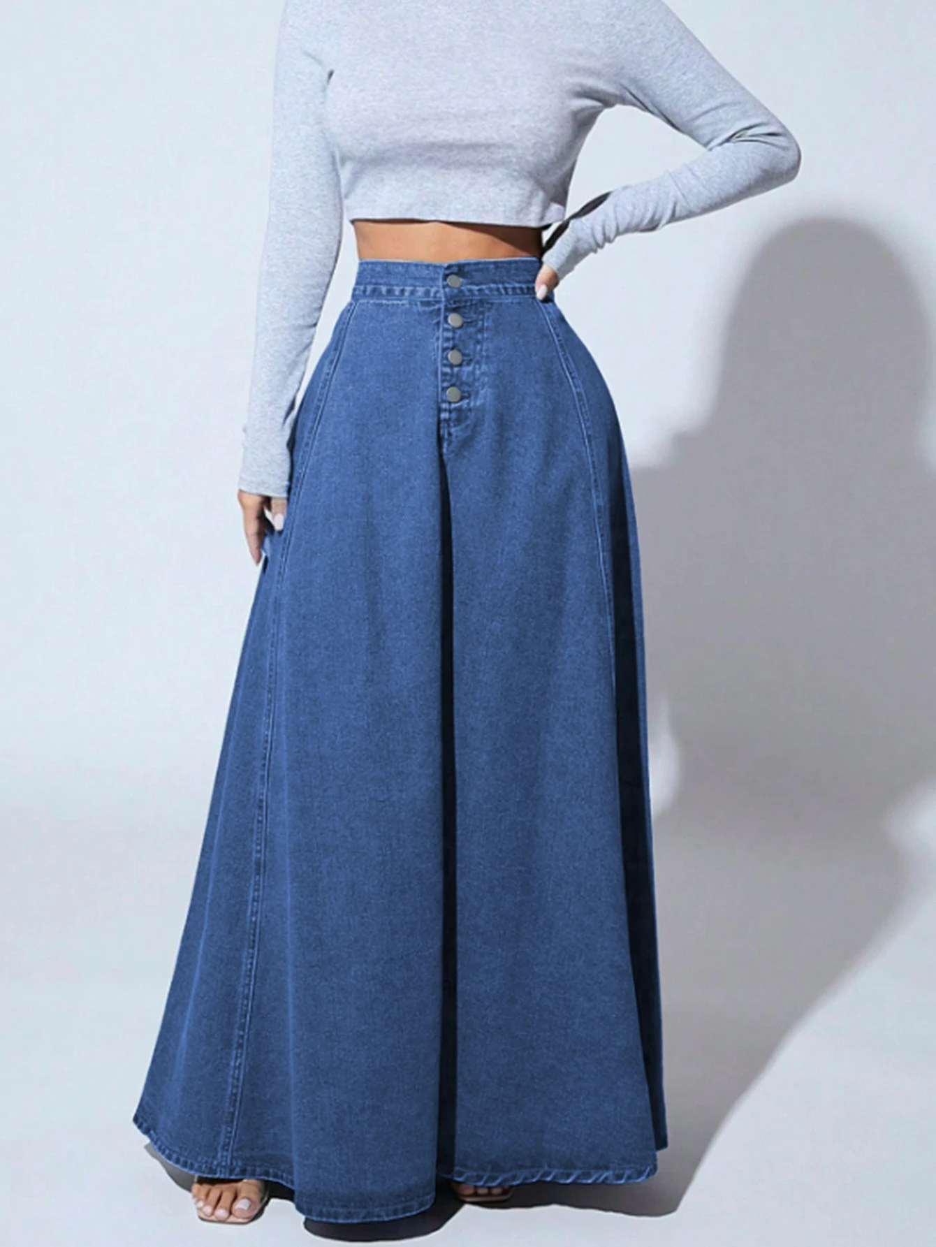 Falda vaquera maxi de mujer con botones delanteros, cintura alta, estilo vintage, línea A, larga, casual y acampanada