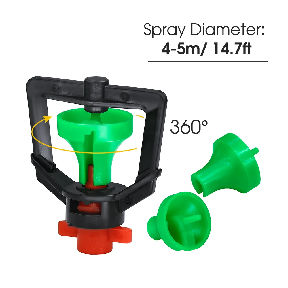 Microaspersores giratorios de 360 °, 5 piezas, boquilla de sistema de riego de jardín, rueda verde grande con estacas de 22cm para invernadero, manguera de 4/7mm