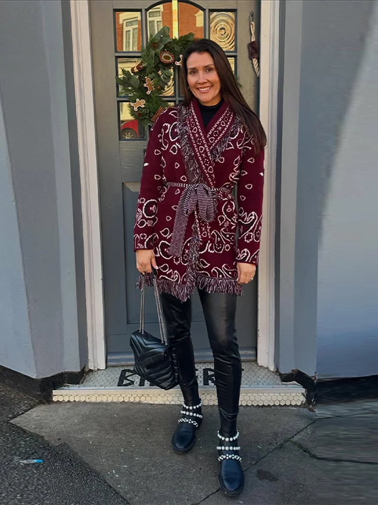 Cárdigan de punto jacquard con borlas para mujer, estilo otoño 2026, suéter holgado de manga larga con cinturón y cuello en V, ropa de calle femenina, novedad
