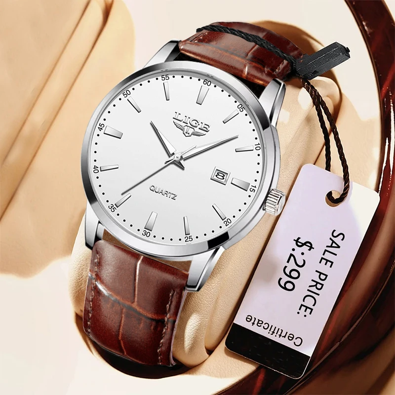 Reloj LIGE para Hombre, correa de cuero de moda, relojes para Hombre, deporte militar, calendario resistente al agua, relojes de pulsera de cuarzo, Reloj para Hombre