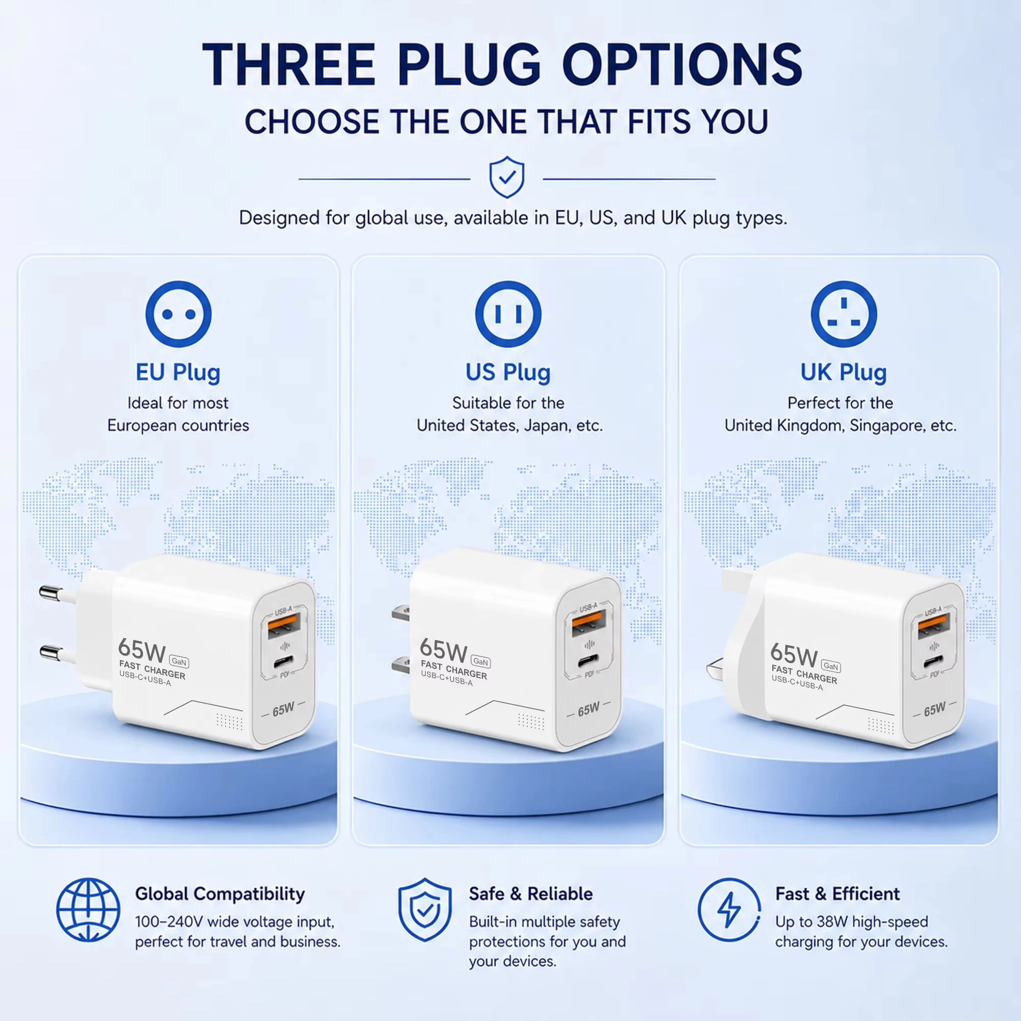 Cargador Universal Lenovo PD 65W, Cargador de Smartphone Compatible con Todos los Protocolos, Cargador Multi-Puerto A+C con Adaptador EU/US y Cable de Datos de 1m
