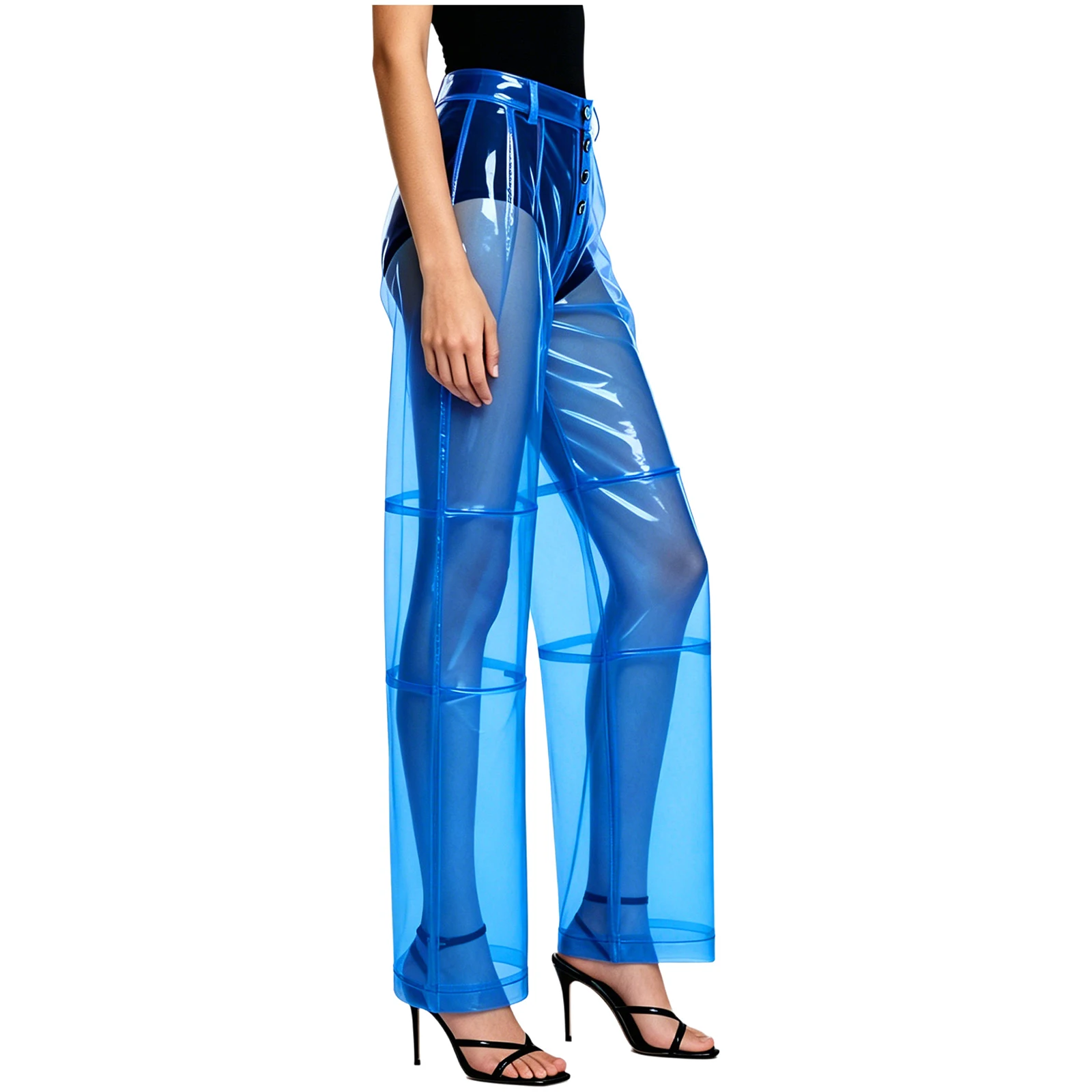 Pantalones de PVC para Mujer, con Botones en la Cintura, Bolsillos Traseros, Pierna Ancha, Corte Recto, Transparentes, para Fiestas, Bailes y Eventos