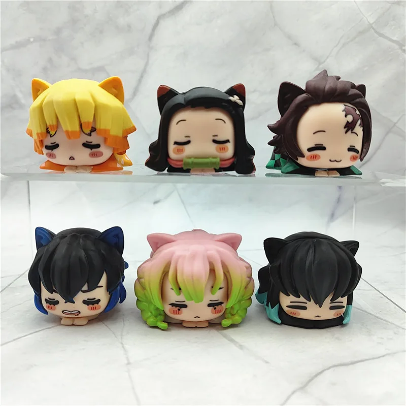 6 unids/set Anime Demon Slayer figura Nezuko Tanjirou Zenitsu Inosuke Mini estatuilla Kawaii oreja de gato figura para dormir PVC modelo muñeca Juguetes