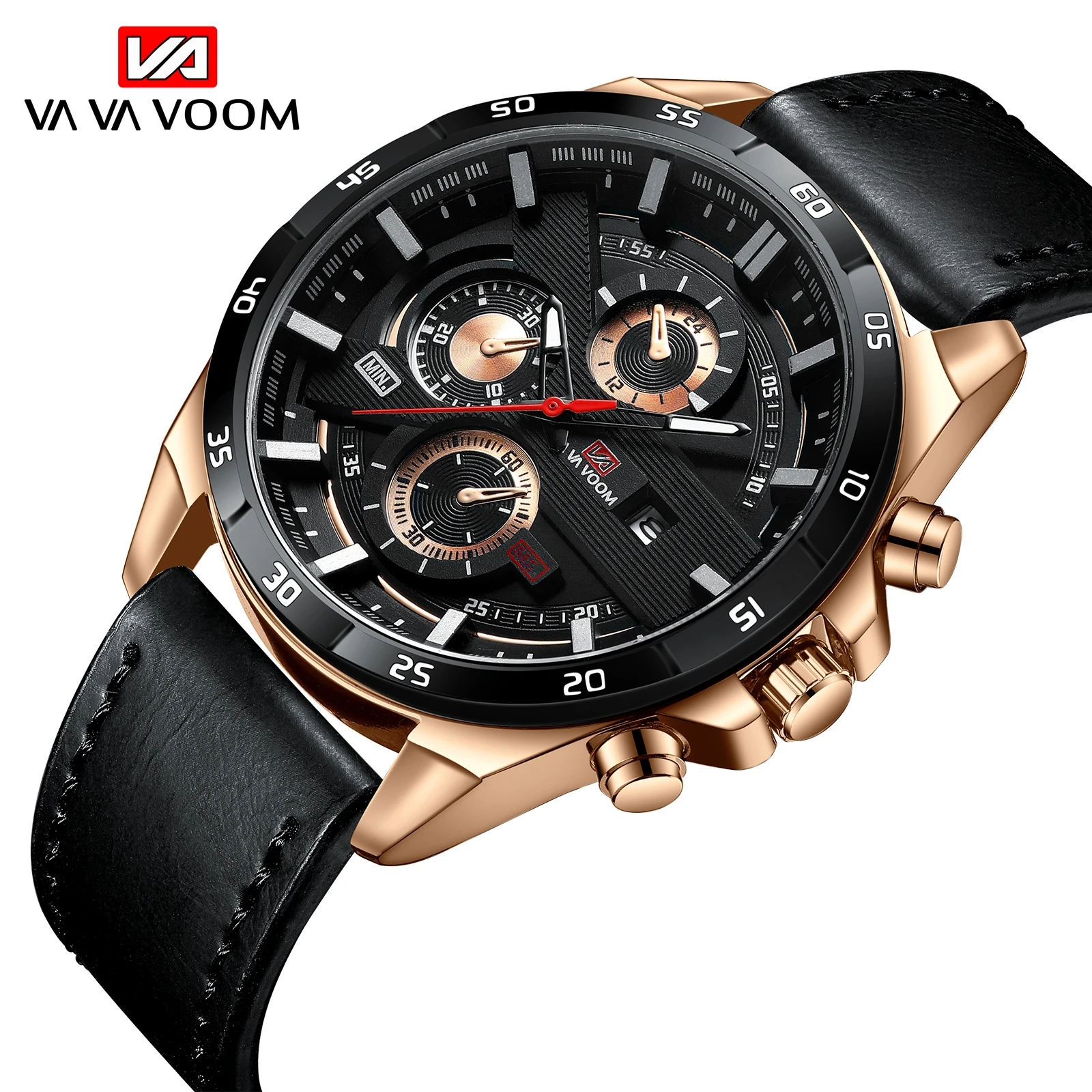 Reloj Deportivo para Hombre de 46mm, Correa de Cuero Negra, Serie Racing, Uso Diario, Reloj de Cuarzo con Esfera de Oro Rosa Original, Relogio Masculino