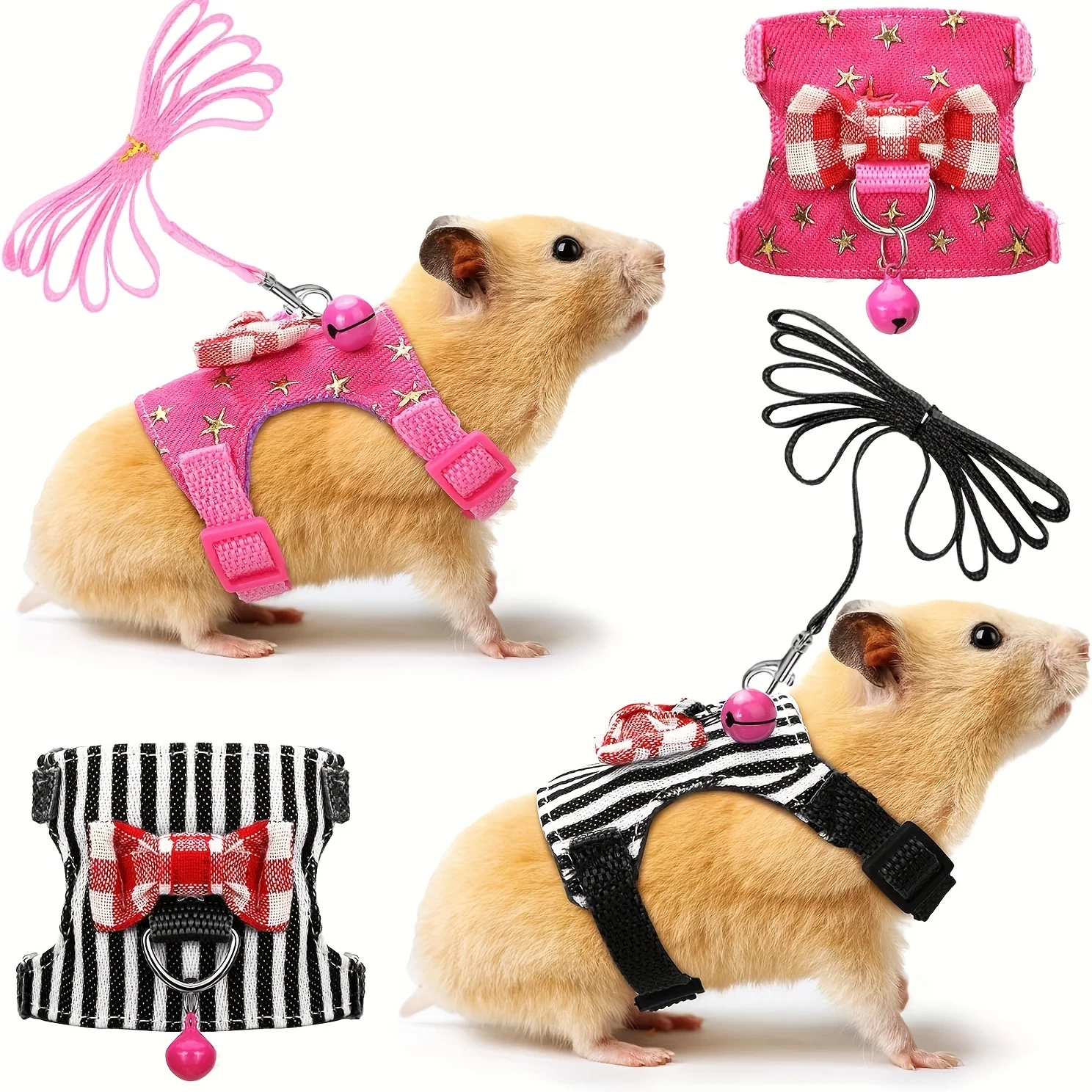 2 unids/set arnés y correa para hámster, conjunto para caminar, ropa para mascotas pequeñas con campanas de lazo, chaleco acolchado seguro y cómodo, tira para hámster