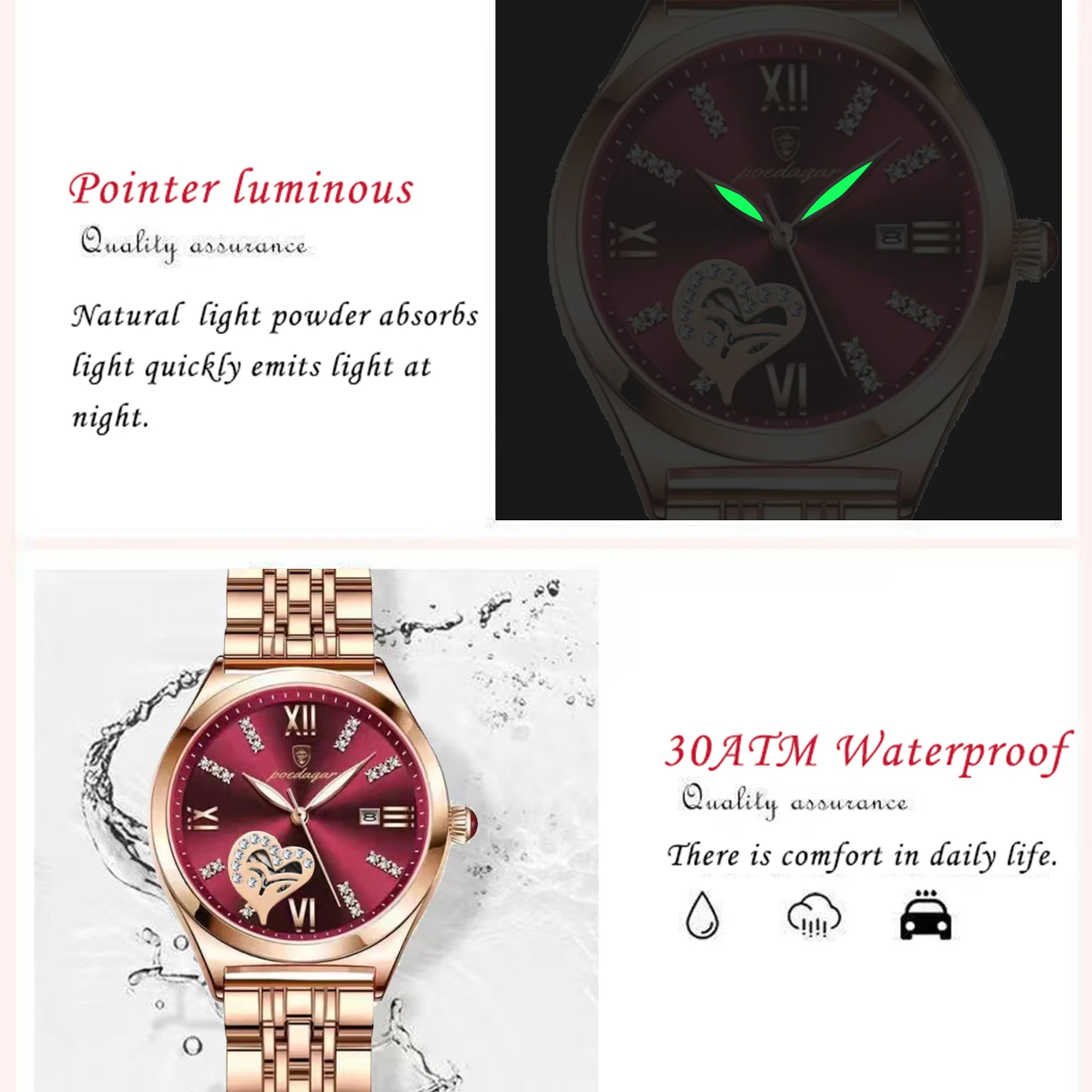 POEDAGAR, relojes de lujo para mujer, resistente al agua, fecha luminosa, reloj de acero inoxidable para mujer, reloj de pulsera elegante de cuarzo a la moda para mujer