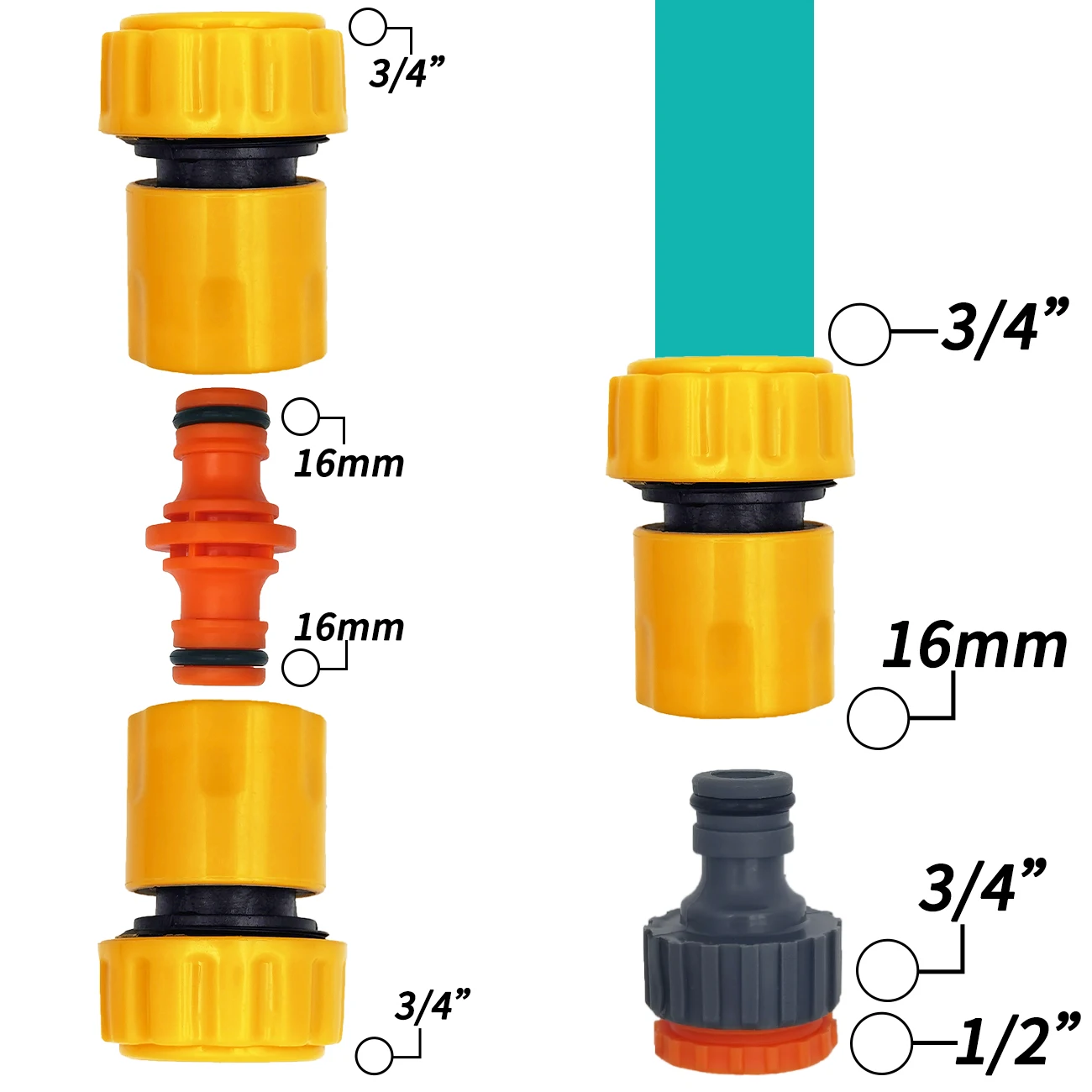 Conector de reparación de tuberías de manguera de jardín, conexión rápida para riego por goteo, invernadero, 3/4 y 1/2 pulgadas, 6 uds.