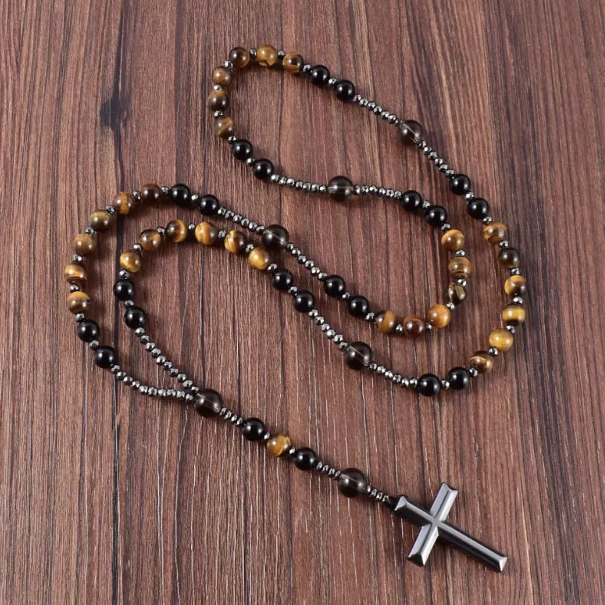 Piedra de ojo de tigre Natural, Rosario de Cristo católico, adorno colgante para coche para mujeres y hombres, colgante de Cruz de hematita, joyería Mala