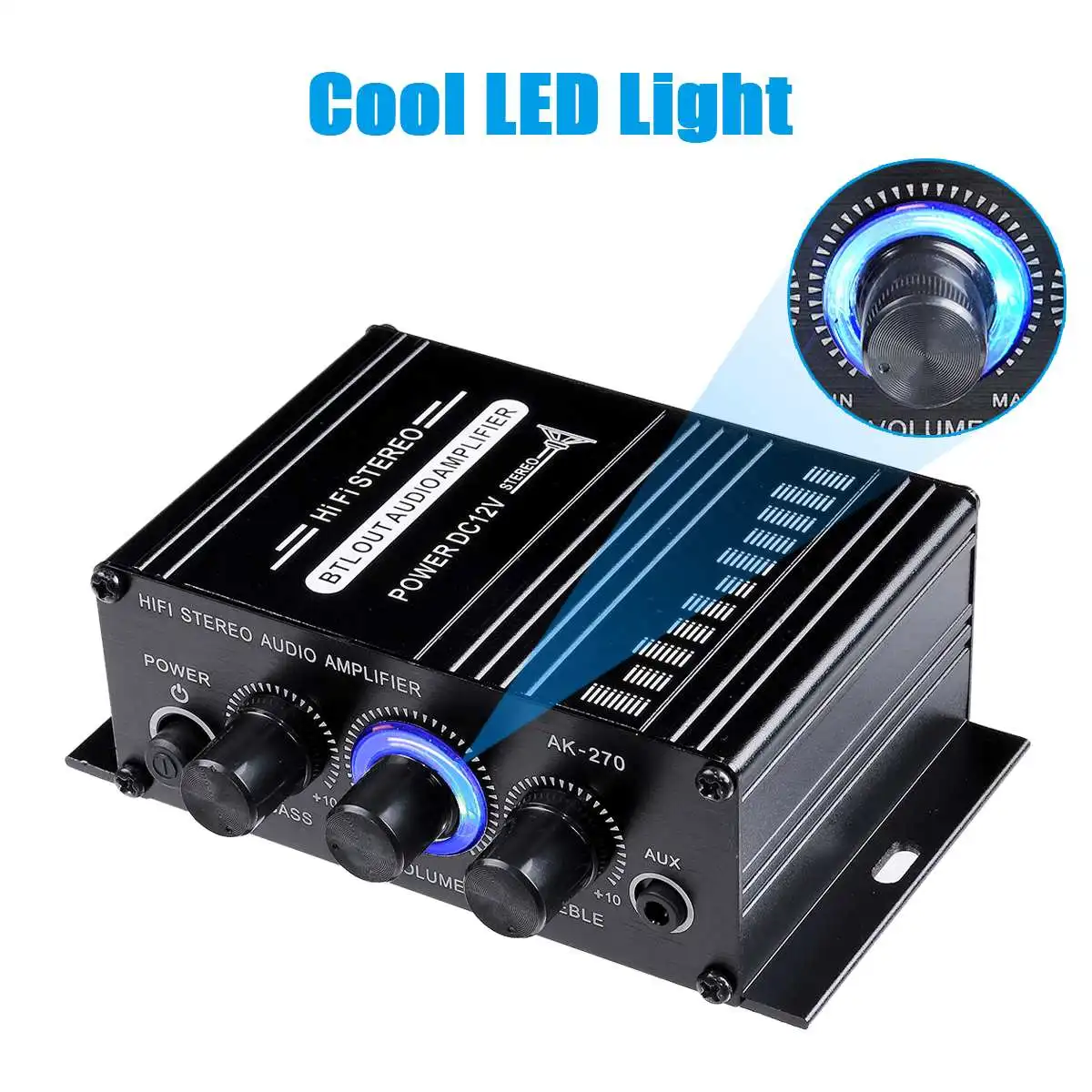 AK270 Mini Amplificador de Audio de 12V para Auto, Amplificador de Sonido Digital para Casa y Auto, Canal 2.0, Amplificador de Potencia, Compatible con Agudos y Bajos, Entrada AUX