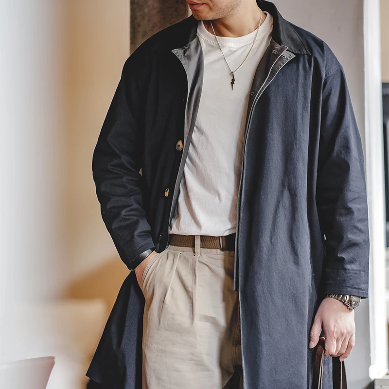 Maden Casual Balmacaan Trench Coat Loose Fit Verde Cortavientos Heavyweight Twill Vintage Chaquetas Largas para Hombres Otoño e Invierno