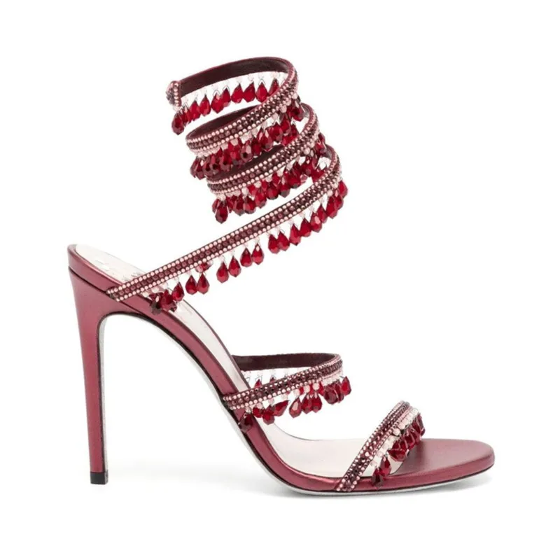 2025 nueva moda para mujer, zapatos con borlas de cristal, tacones altos de aguja sexis para fiesta y banquete, sandalias grandes para mujer, zapatos de baile