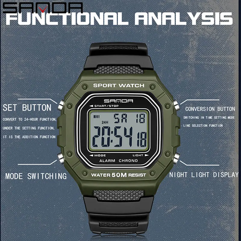 SANDA 2156 reloj de moda para hombre, relojes deportivos militares resistentes al agua, relojes de pulsera digitales Led con esfera grande del ejército, cronómetros para hombre