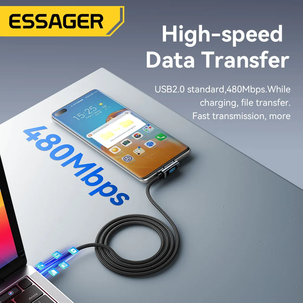 Essager PD100W Cable USB C a tipo C Cable de carga rápida codo de 90 grados con pantalla para Iphone 15 Huawei Samsung Macbook Pro