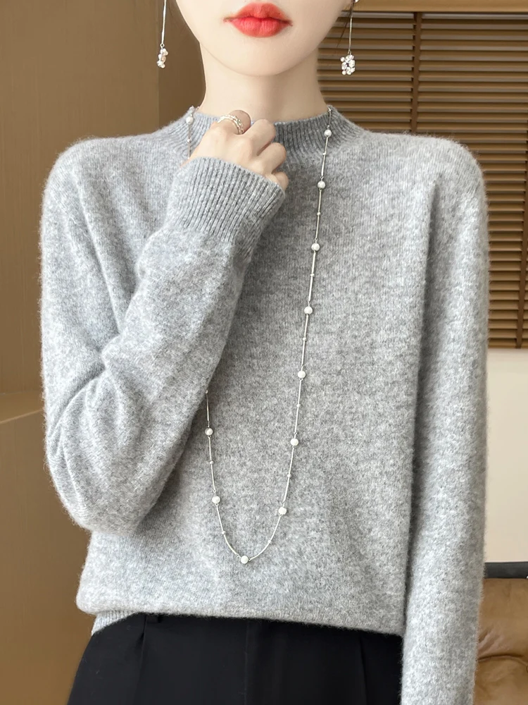 Suéter de lana de 100% a la moda para mujer, prendas de punto con cuello simulado, jerséis de Cachemira, jerséis de manga larga para otoño e invierno, Tops