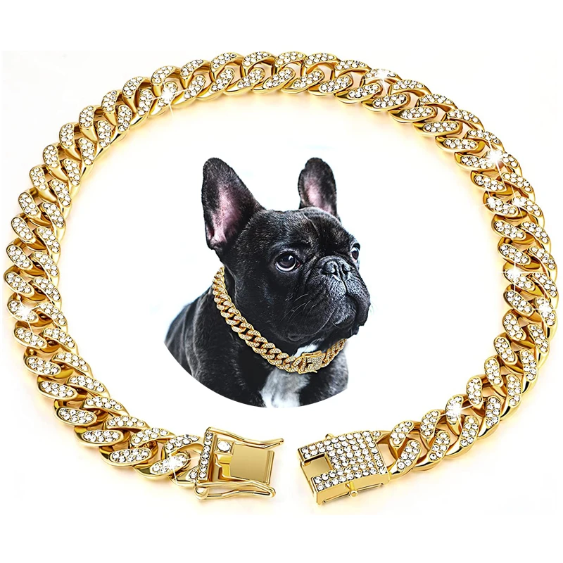 Collar de perro de cadena de oro de lujo, Collar para cachorro, accesorios de joyería de cristal, Collar de enlace cubano para mascotas para perros pequeños, medianos y grandes