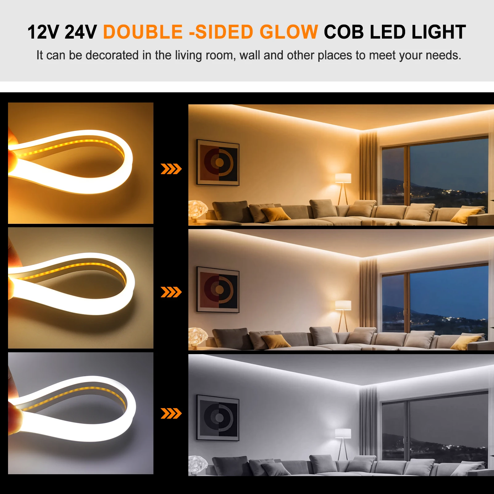 Tira de luces LED COB de 12V y 24V, cinta de neón Flexible, impermeable, doble cara, 320LED, iluminación lineal de alta densidad, 0,5-20M