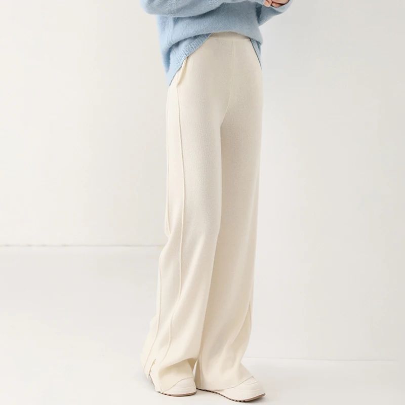 Pantalones de lana de cintura alta para mujer 2024, de ajuste holgado, de cachemira tejida, de pierna ancha, largos hasta el suelo, a la moda, ¡los más vendidos!