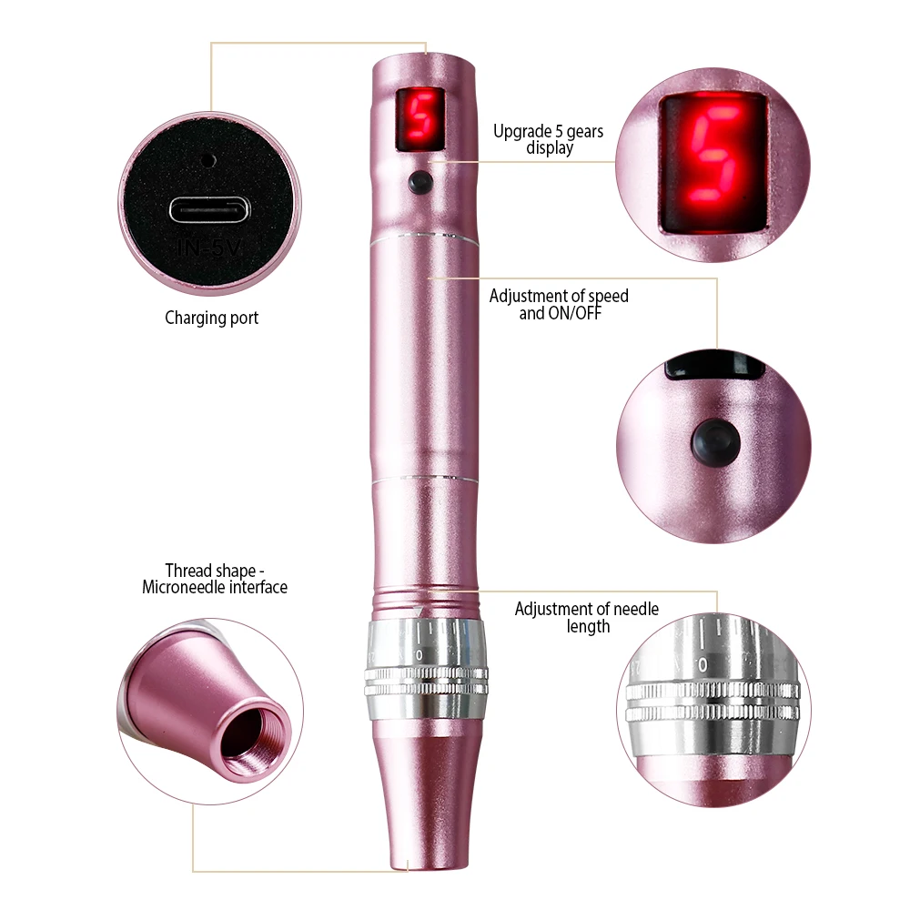 Dispositivo de belleza de alta frecuencia inalámbrico Derma Pen profesional de 5 velocidades con 2 cartuchos de agujas reemplazables