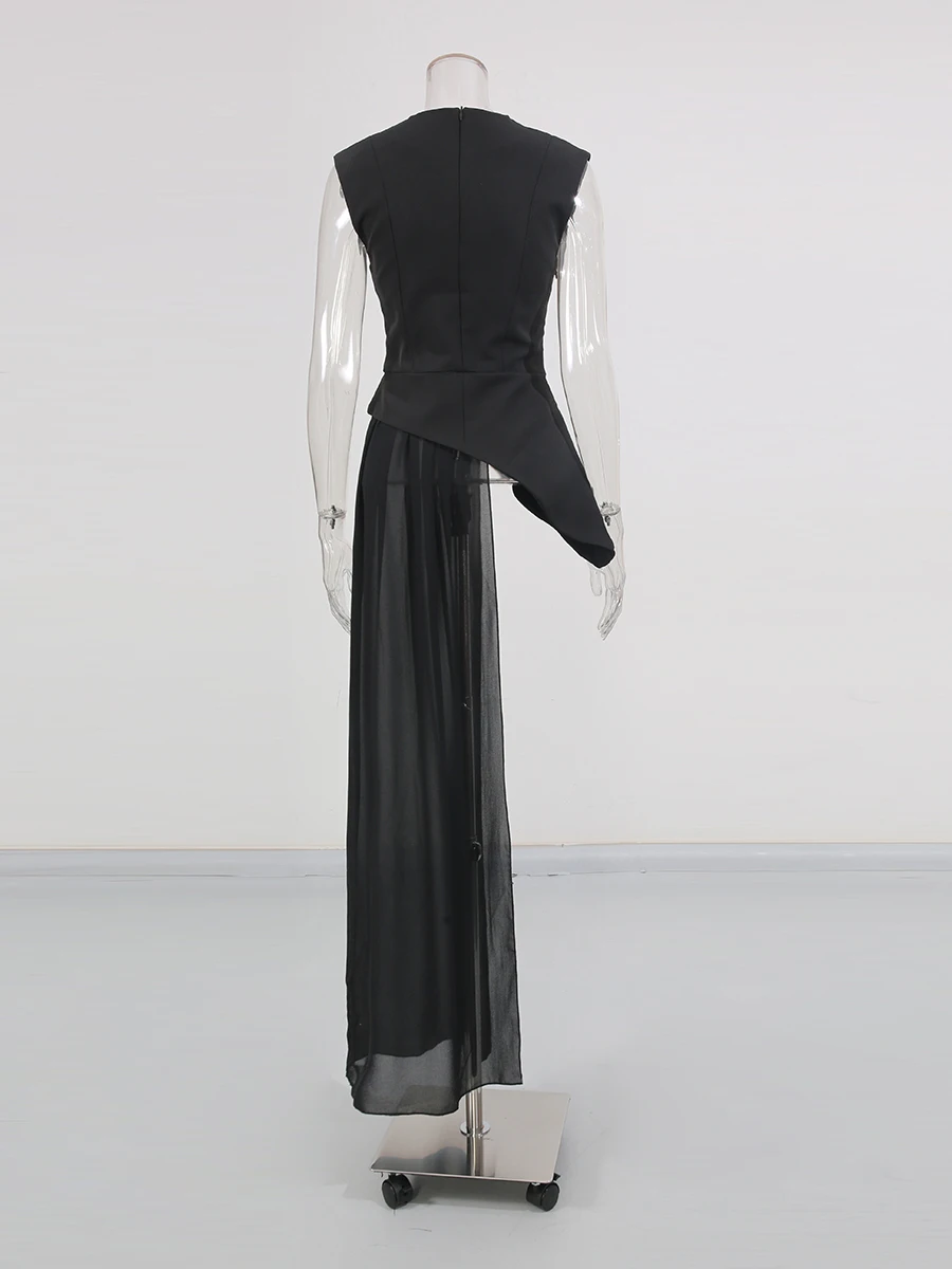 TWOTWINSTYLE, blusas irregulares con pliegues empalmados adelgazantes lisos para mujer, blusa larga sin mangas con cuello redondo y cintura alta para mujer, nueva