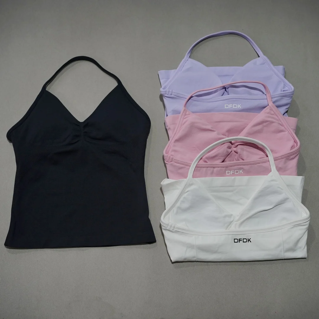 DFDK Chaleco deportivo con cuello en V para mujer, top de yoga sin mangas sin costuras, acolchado desmontable, ropa deportiva transpirable de ajuste delgado para gimnasio y correr