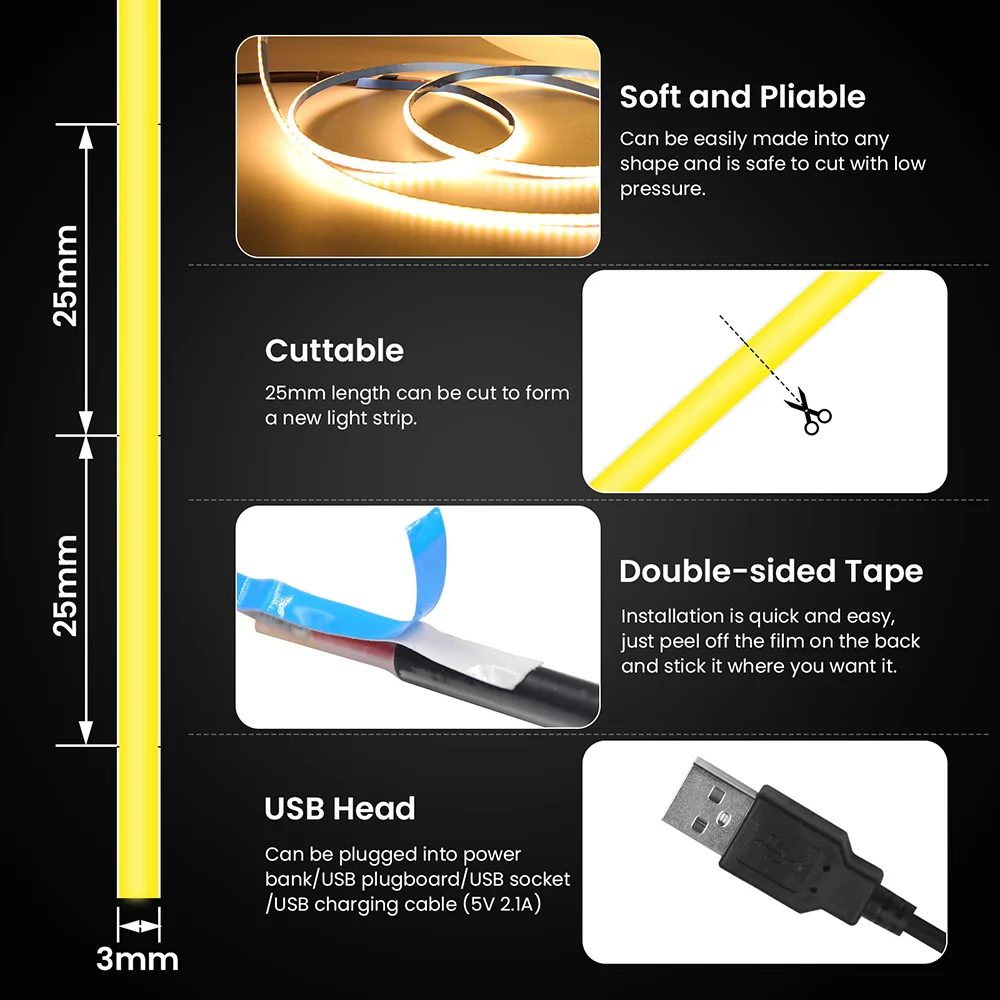 Tira de luces LED COB PCB de 5V USB de 3mm con interruptor atenuador Control remoto 320 LED iluminación lineal de alta densidad lámpara de cinta Flexible