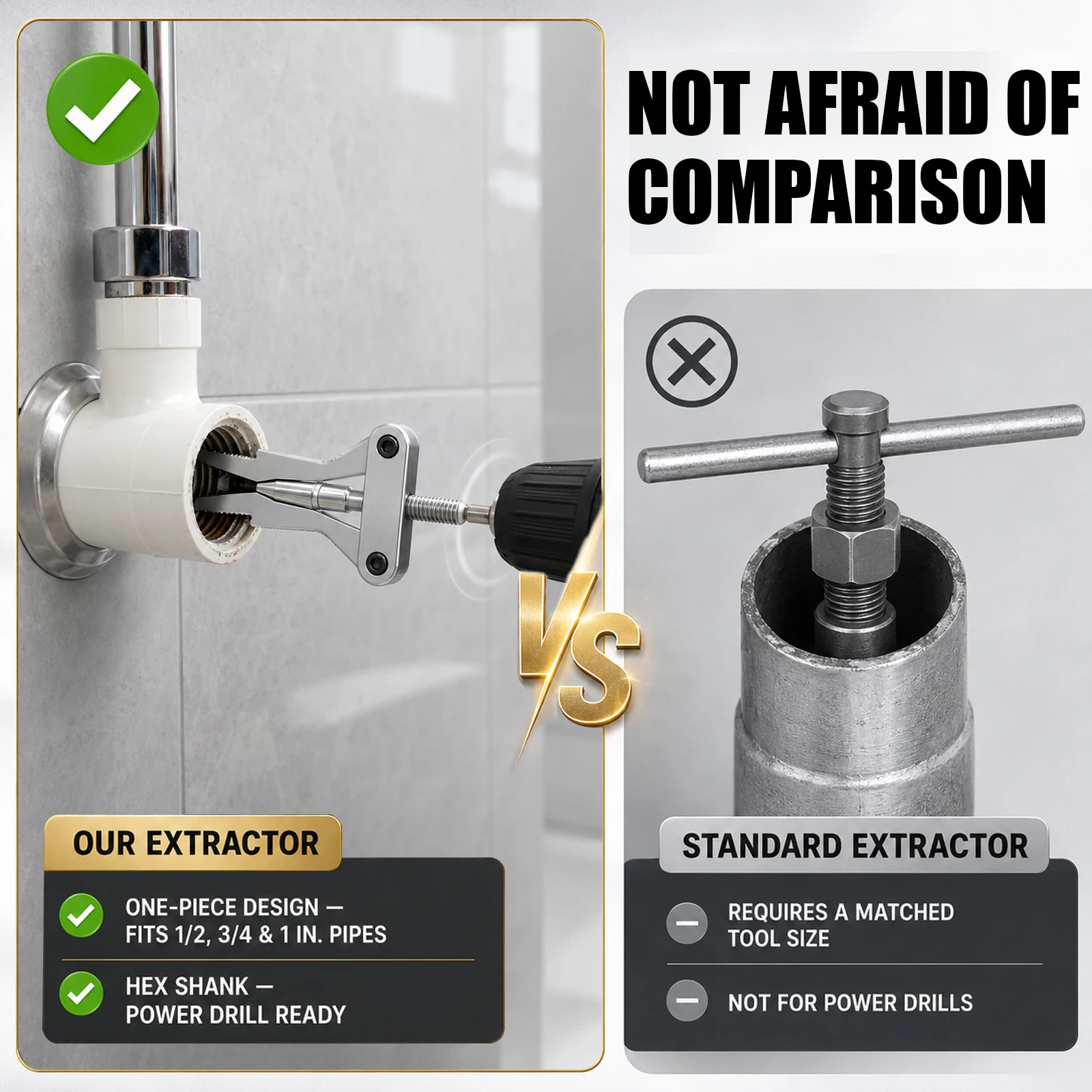 Extractor de Tuberías, Herramienta para Extraer Roscas Rotos, con Vástago Hexagonal para Taladro Eléctrico, para Tuberías de PPR, PVC, Plástico y MPP, DN20/25/32, 1/2″, 3/4″, 1″ Pulgada