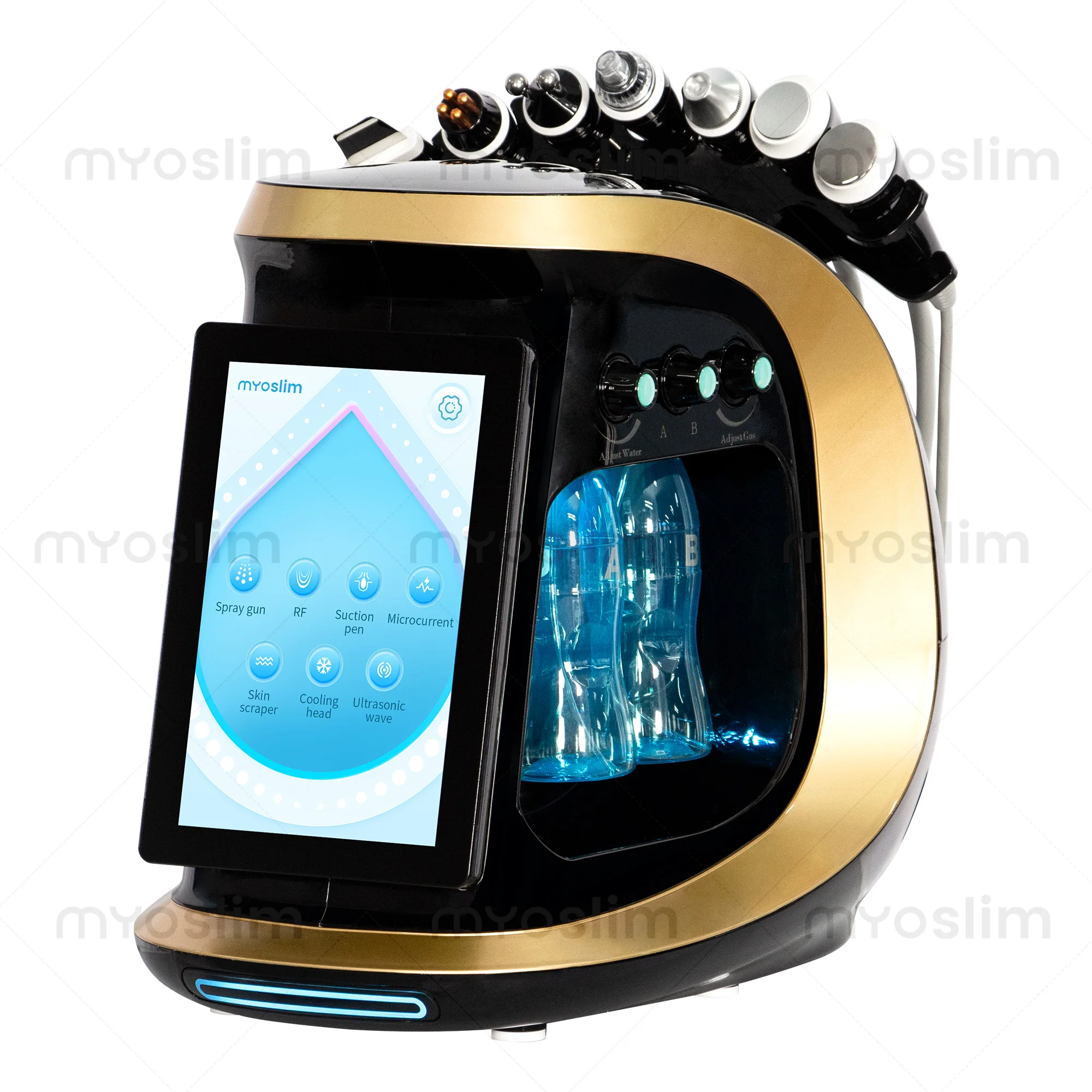 Máquina de Belleza Hidrafacial Multifuncional 7 en 1 con Pantalla Táctil, Pistola de Pulverización, RF, Succión, Microcorriente, Exfoliante de Piel y Enfriamiento