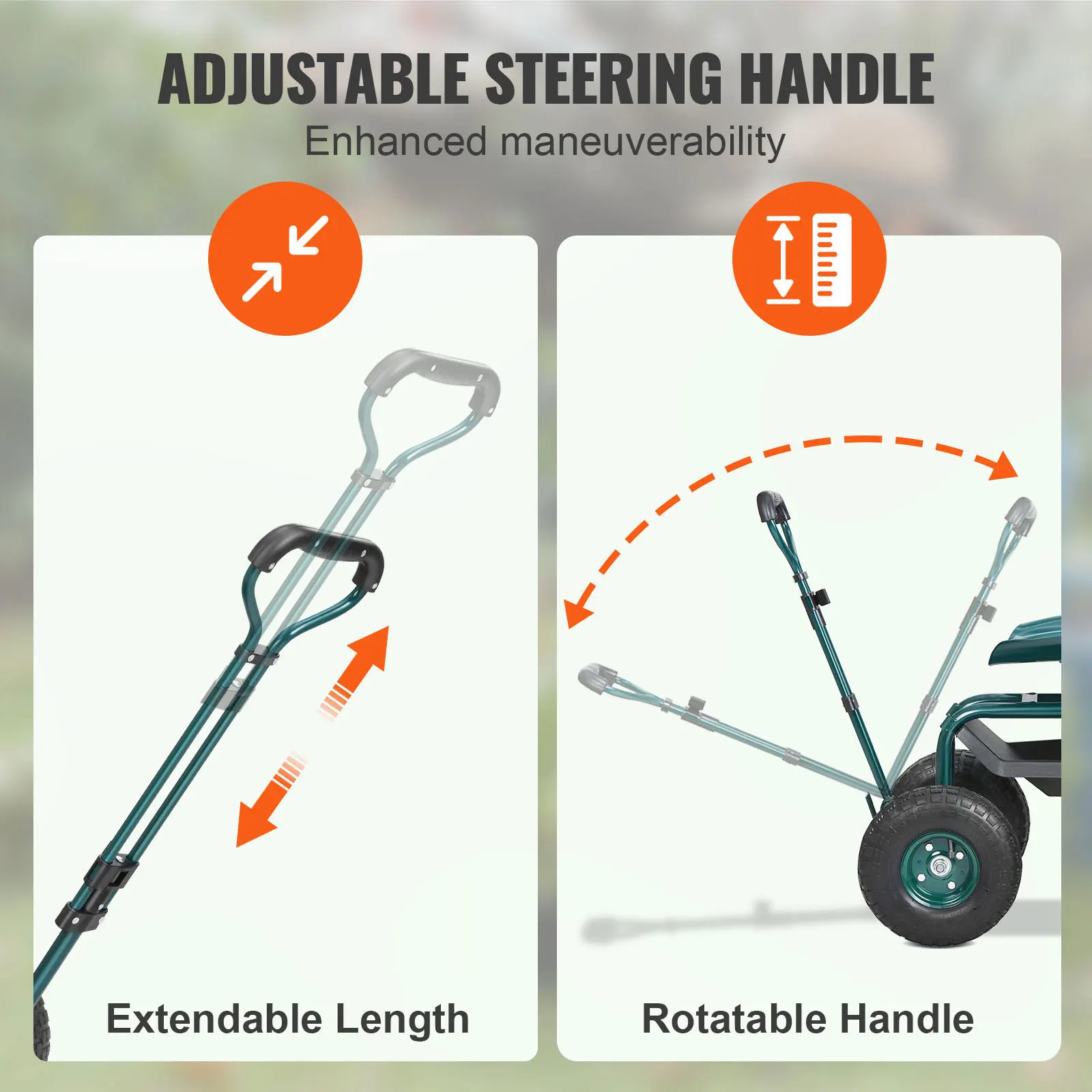 SucceBuy Carro de jardín Asiento de trabajo con ruedas Taburete de jardinería para plantar Asiento giratorio de 360 grados Carro Scooter con dirección