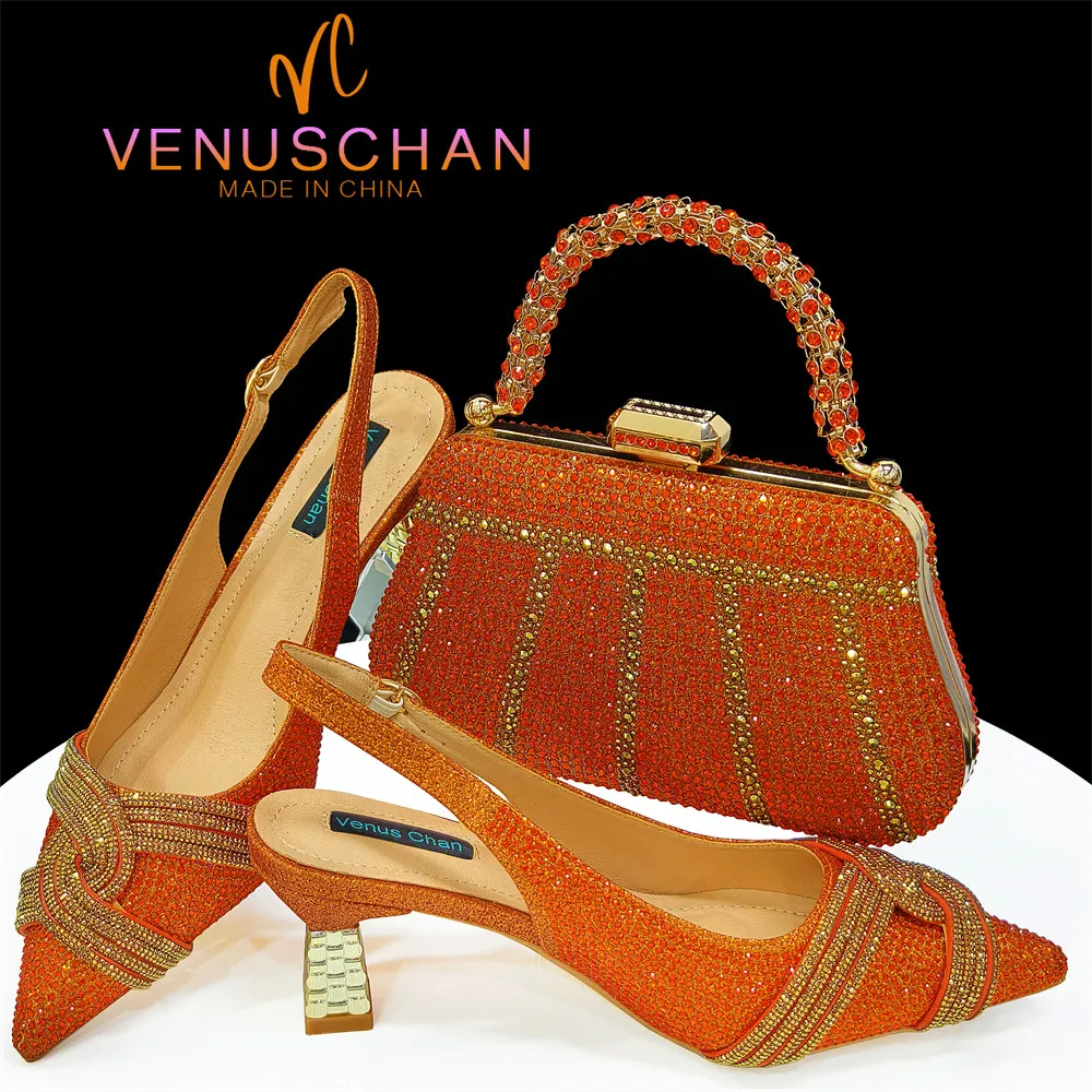 Venus Chan 2024, diseño especial, Color naranja de alta calidad, zapatos y Bolsa africanos para mujer con cristal brillante para fiesta de boda