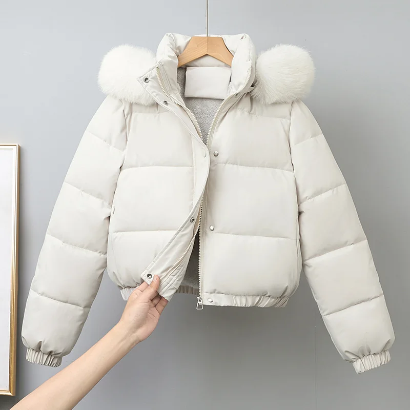 Parkas cortas de invierno para mujer, ropa acolchada de algodón, prendas de vestir exteriores gruesas de terciopelo, abrigos con capucha extraíbles con Cuello de piel, chaquetas cálidas