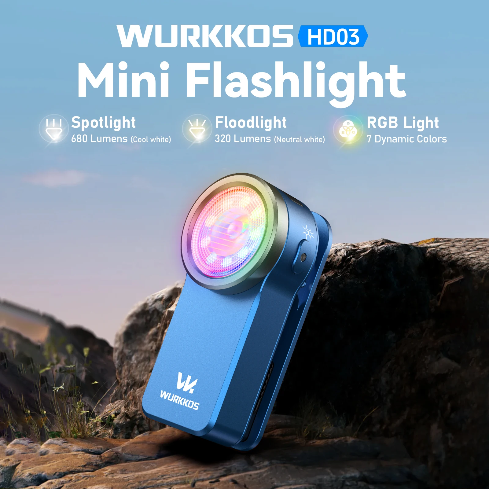 Linterna de clip Wurkkos HD03, 680 lúmenes, recargable por USB-C, linterna de bolsillo, mini foco/proyector portátil EDC RGB con imán, adecuada para campamentos cotidianos y emergencias.