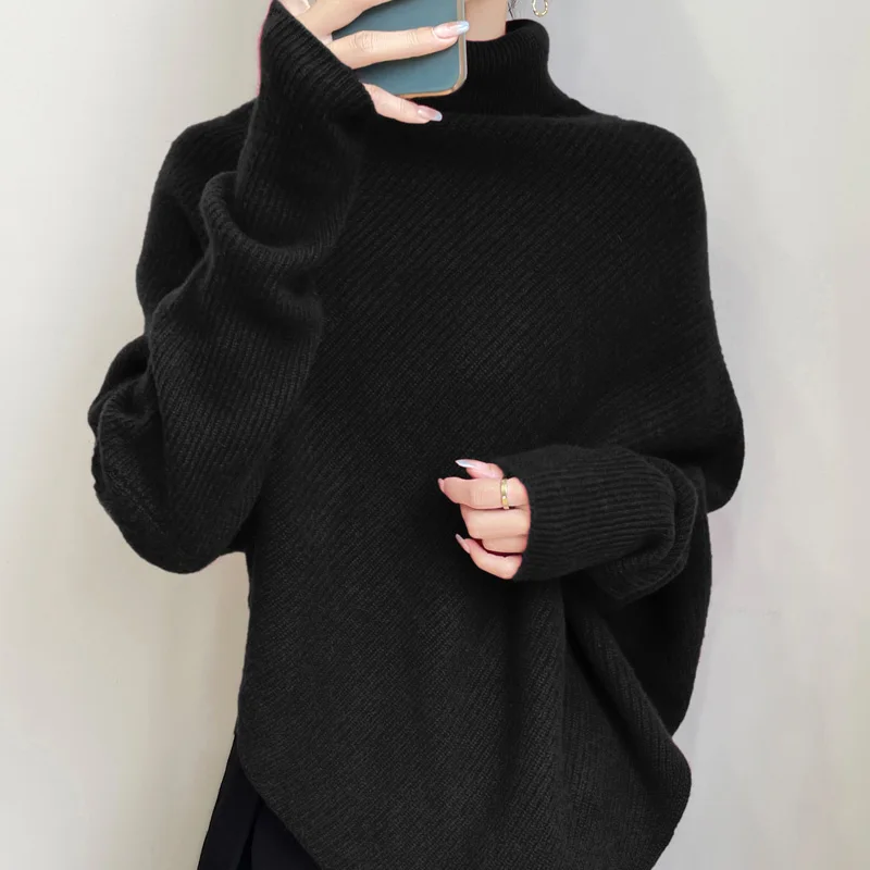 100% de lana merina para otoño e invierno, jersey con mangas de murciélago y cuello alto, prendas de punto de manga larga, Top cálido y elegante de Cachemira para mujer