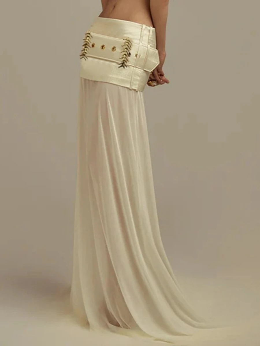 TWOTWINSTYLE, faldas largas elegantes empalmadas con lentejuelas para mujer, cintura alta, cinturón de retazos, falda con temperamento, ropa de moda femenina