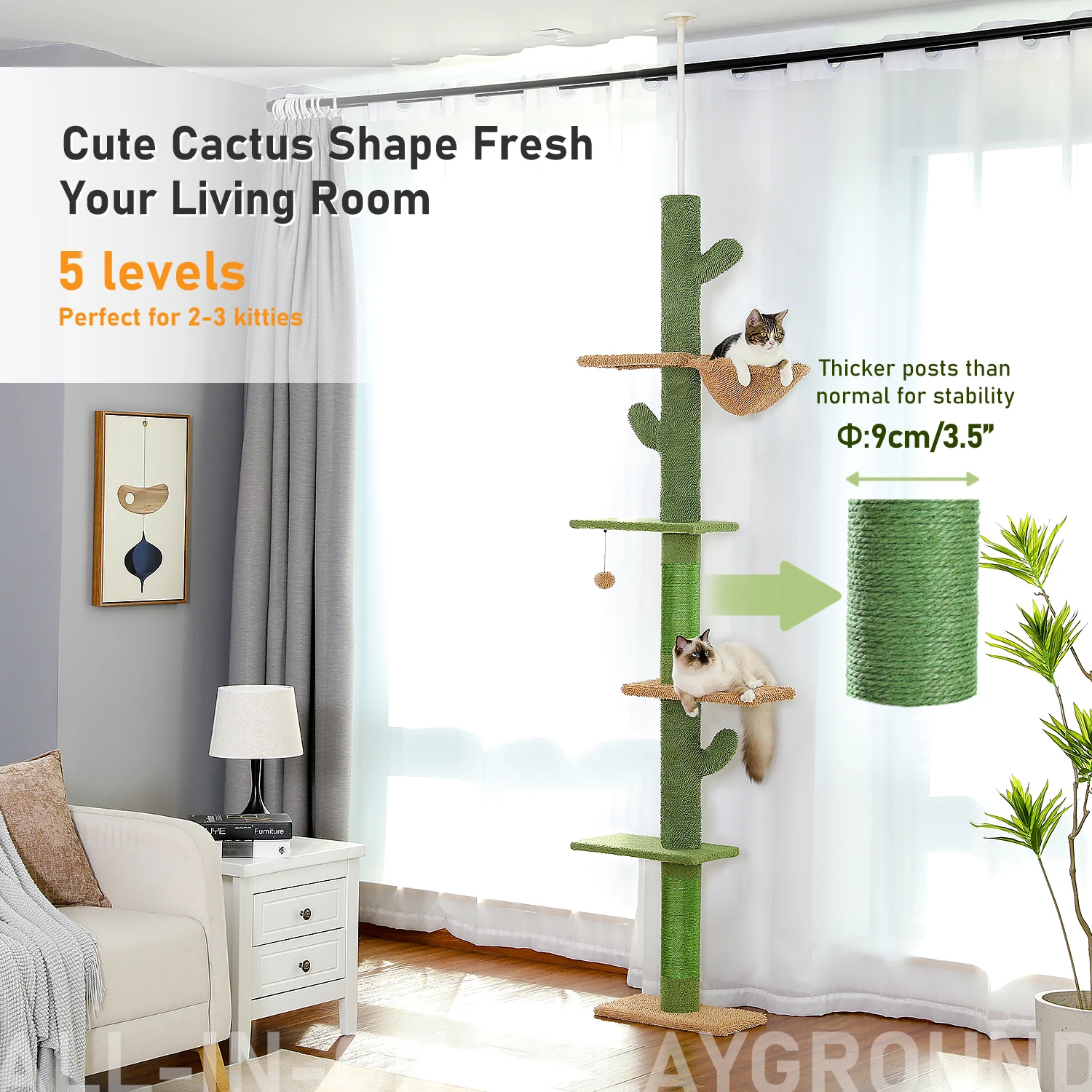 Árbol para gatos de 5 niveles, torre para gatos de piso a techo, árbol trepador alto de Cactus con poste rascador, hamaca, bola colgante para gatos de interior