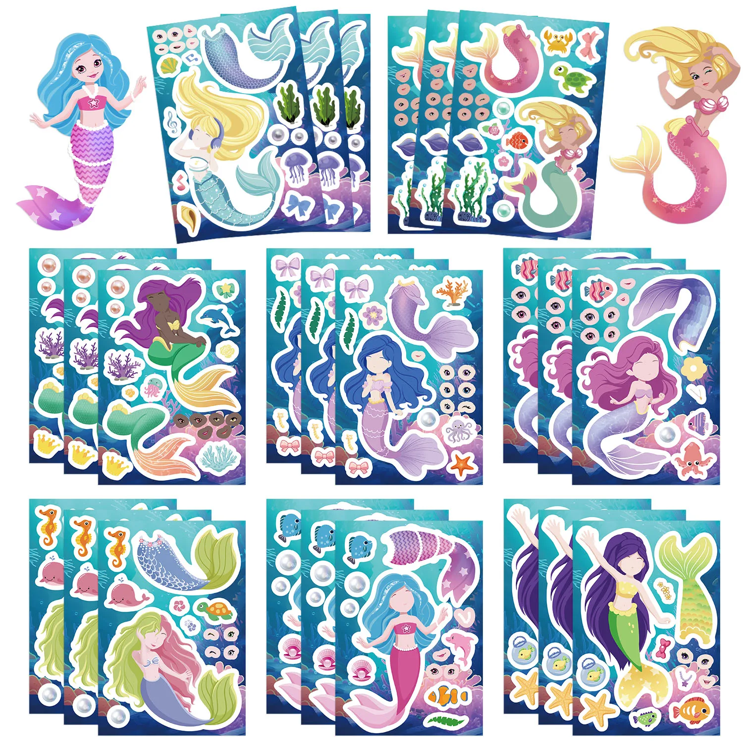 8/16/24 Uds. Pegatinas de rompecabezas de princesa sirena bonita para hacer una cara juguetes DIY para niños pegatinas de ensamblaje regalos de recuerdo de fiesta