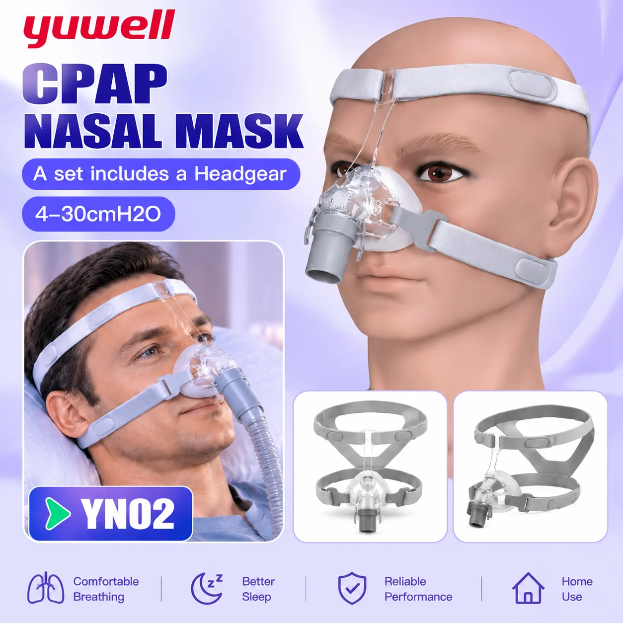 Mascarilla nasal CPAP Yuwell YN02 con arnés y almohadillas de gel de silicona, mascarilla para apnea del sueño y para reducir los ronquidos, compatible con máquinas CPAP automáticas, para uso doméstico y en viajes.