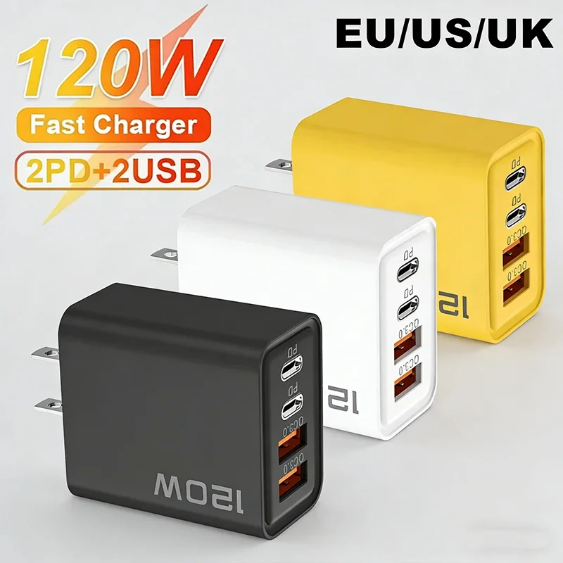 Cargador USB-C de 120W con 4 Puertos, Carga Rápida PD 3.0, Cargador de Teléfono Tipo-C, Adaptador de Carga Rápida para iPhone 17, 16, 15, Xiaomi, Samsung