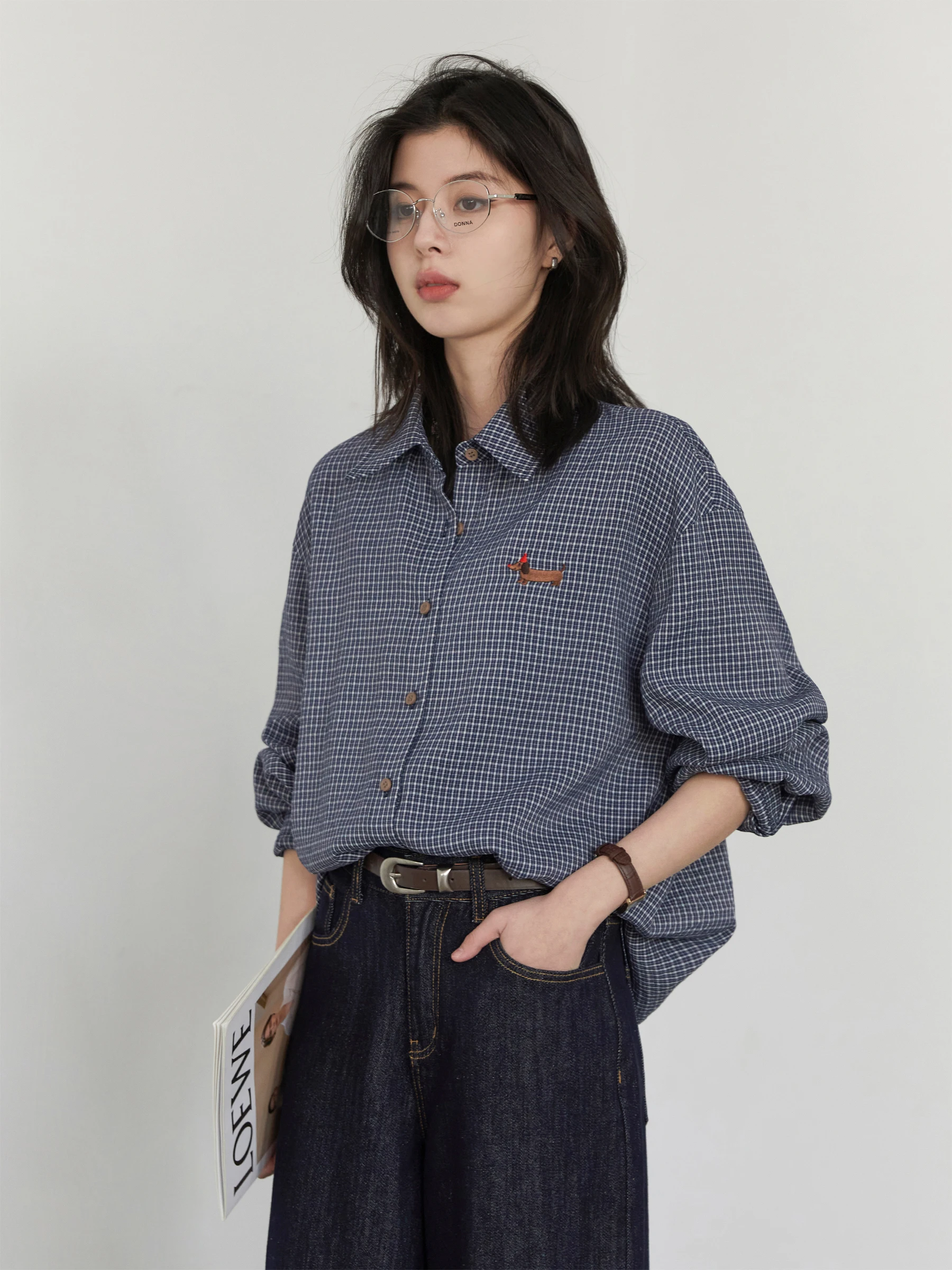 CHIC VEN camisa de mujer de manga larga de un solo pecho nuevas blusas holgadas informales bordadas a cuadros Retro Top femenino Primavera Verano 2025