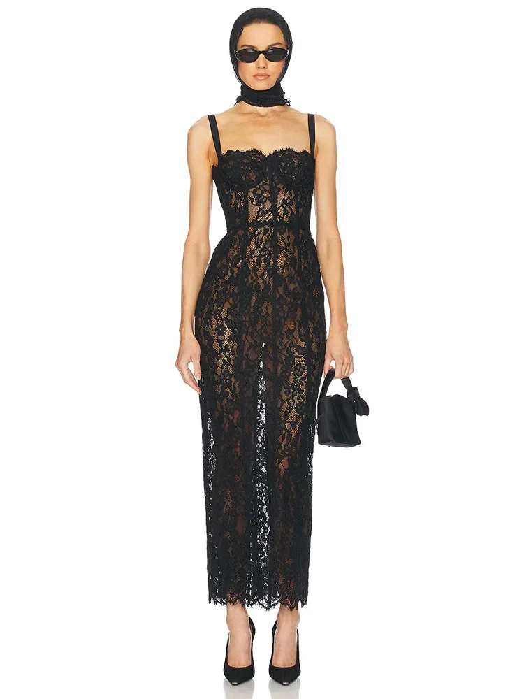 Vestido largo sexi de encaje con cuello cuadrado y tirantes finos para mujer, vestidos ajustados sin mangas de encaje Floral negro, vestidos elegantes de noche para celebridades