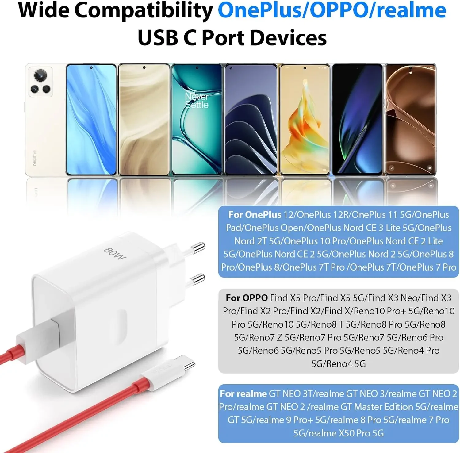 Cargador de pared rápido para OnePlus, Cable USB tipo C, 80W, SuperVOOC, para OnePlus 10, 11, 12, Nord, CE 2, 3 Lite, realme OPPO, 10 GT, NEO 2, 3