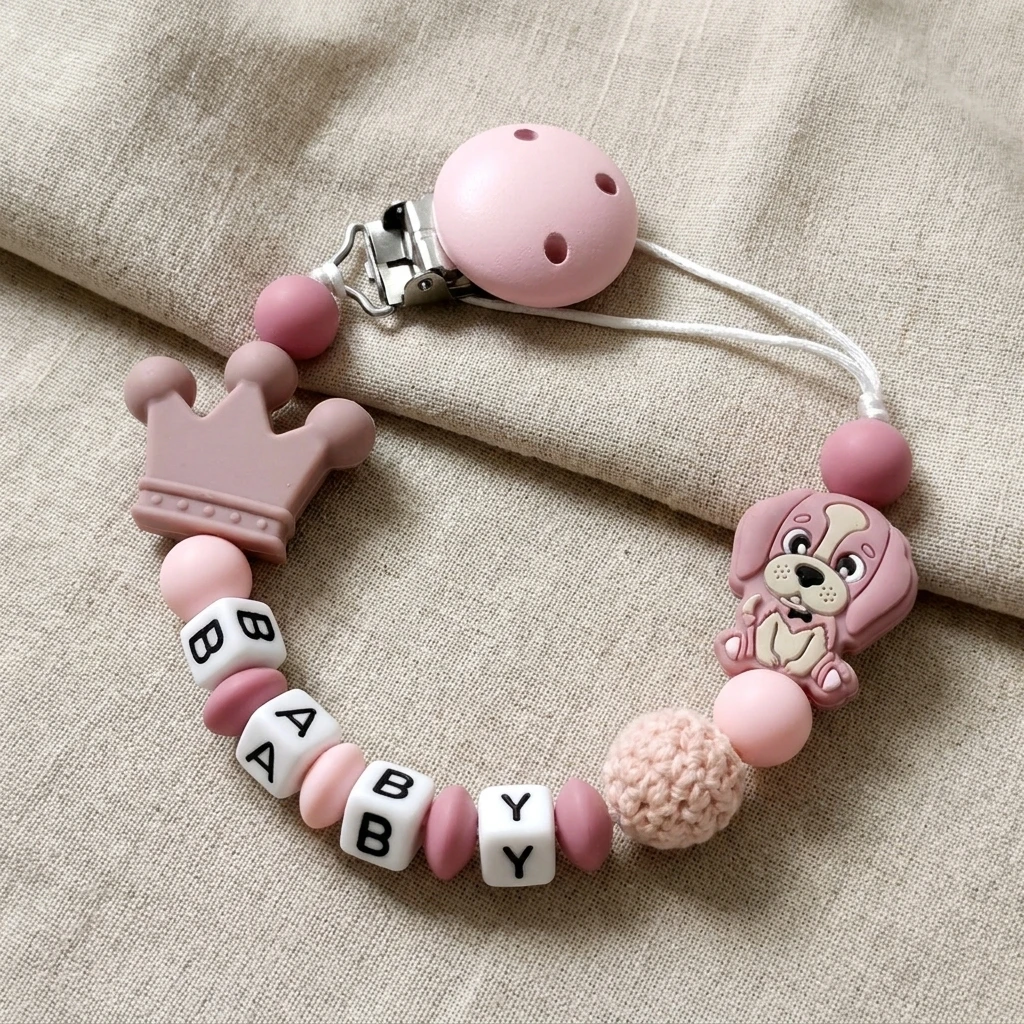 Clip para chupete personalizado con nombre, corona, perro cachorro, soporte para mordedor de bebé, silicona de grado alimenticio, cuentas de ganchillo, sin BPA, regalo para niña