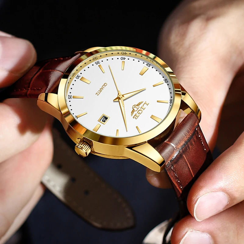 Reloj LIGE de cuero marrón a la moda para hombre, relojes de pulsera deportivos militares de cuarzo para hombre, cronógrafo informal resistente al agua, relojes masculinos