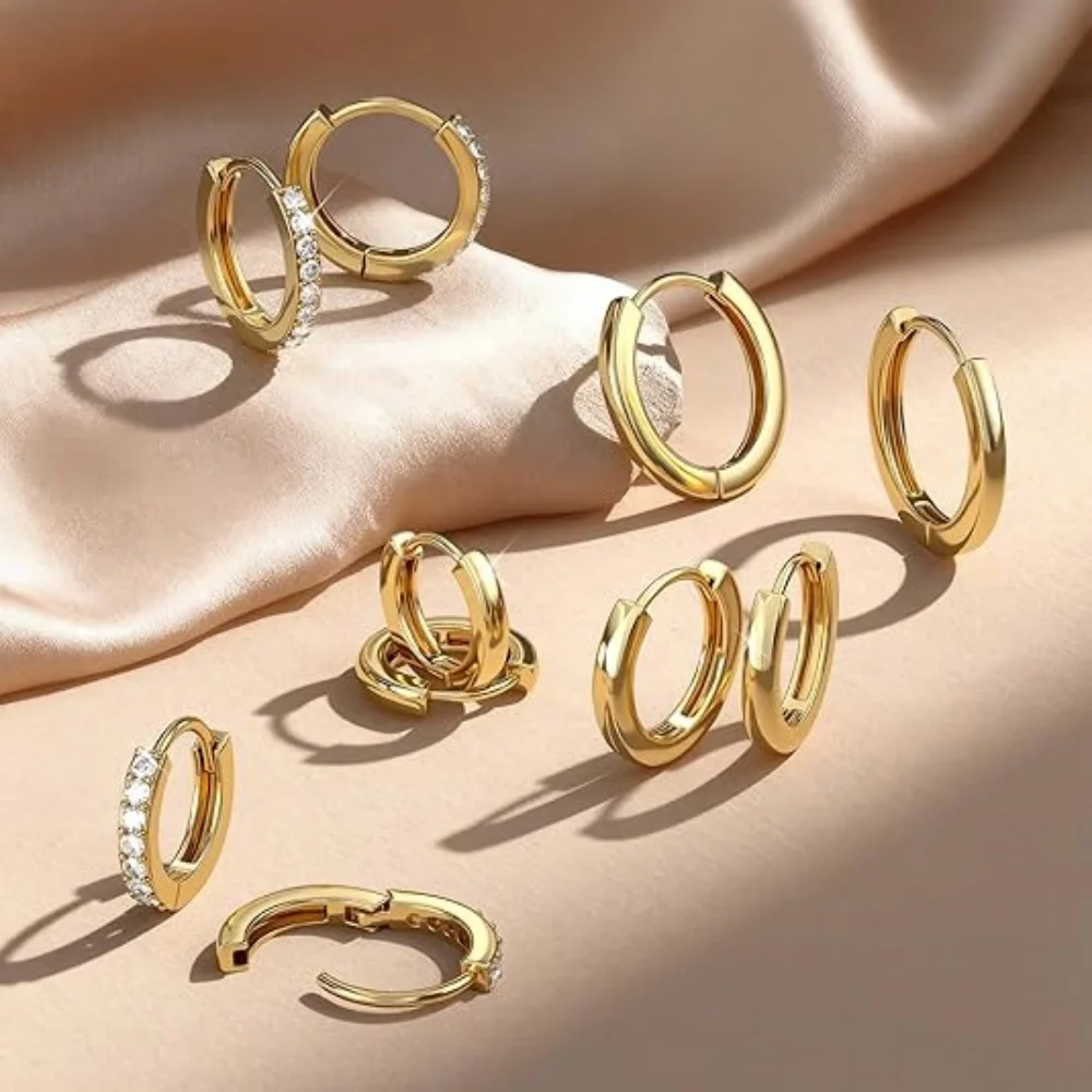 Juego de 5 Pares de Aretes de Aro con Circonita Cúbica Plateados en Plata 925, Aretes de Aro Huggie con Circonita Cúbica Brillante para Cartílago y Hélix, Joyería para Mujer