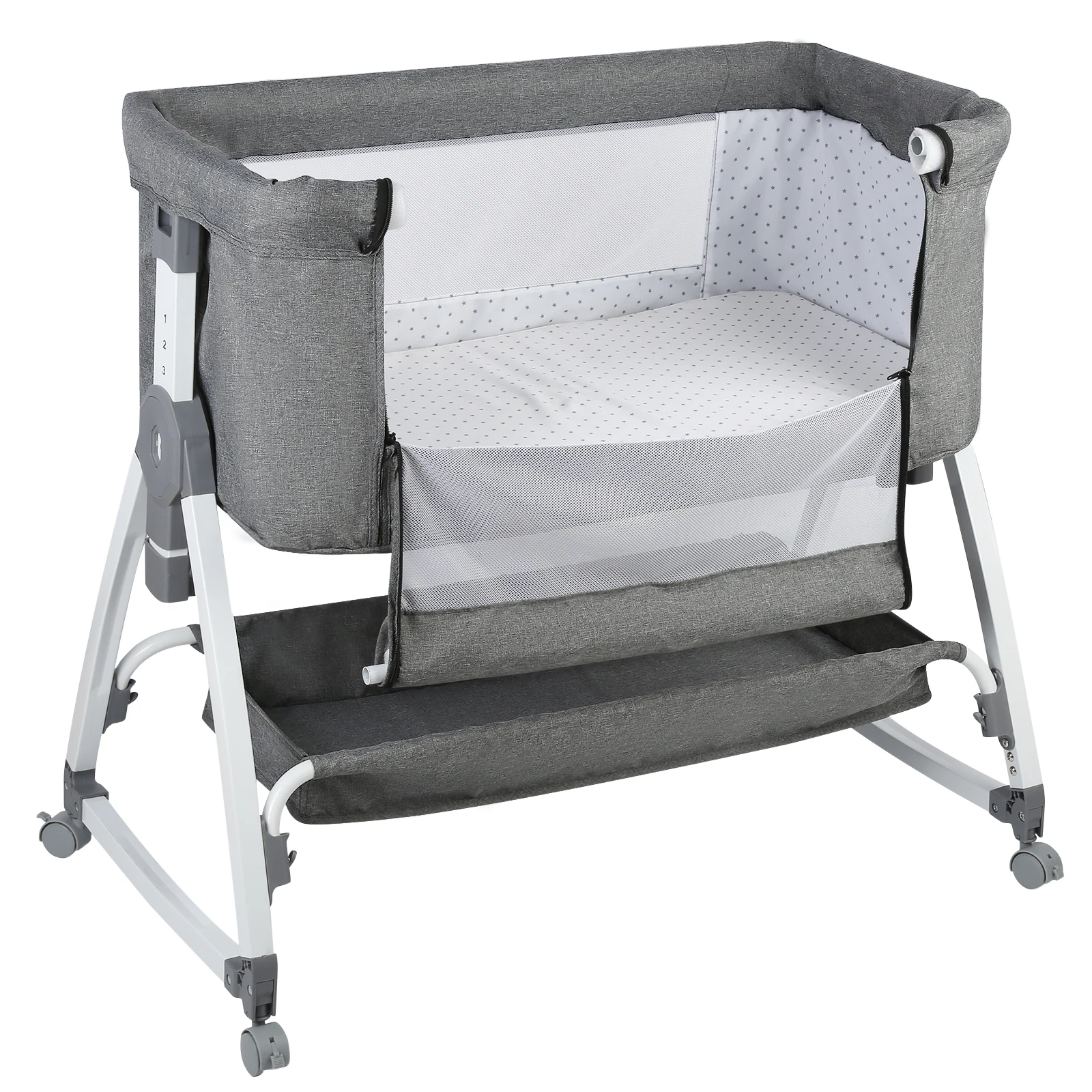 Cuna 4 en 1 para bebé, cuna portátil, cuna multifuncional y cambiador, colchón, mosquitera, cesta de almacenamiento, altura ajustable