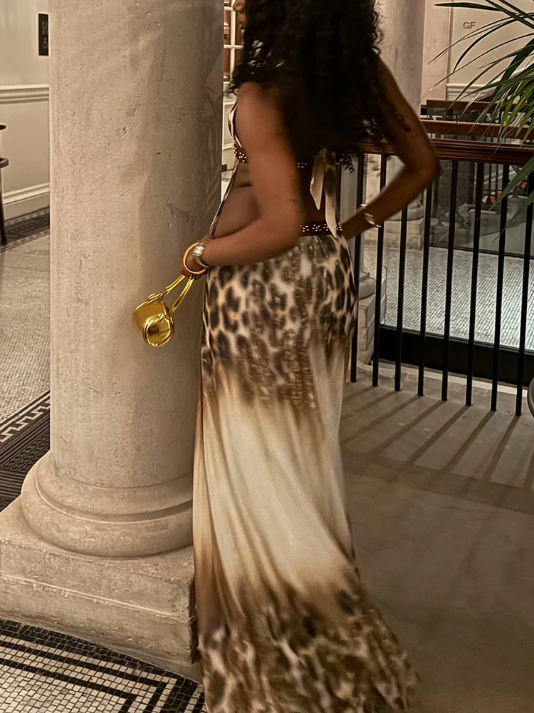 Vestido Largo con Estampado de Leopardo Kliou para Mujer, Estilo Veraniego, con Tirantes, Escote Bajo, Espalda Descubierta, Sin Mangas, para Fiestas Nocturnas