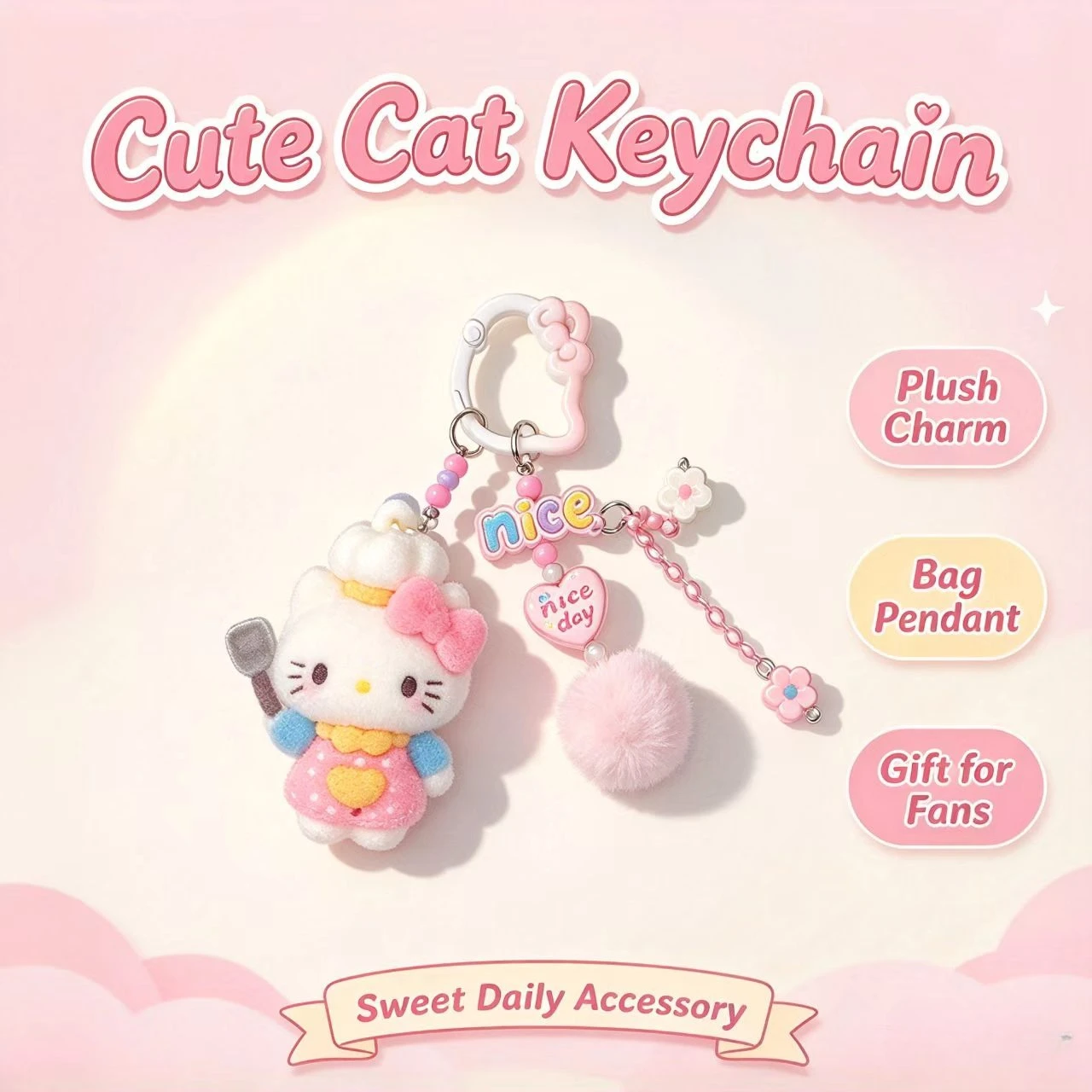 Llavero de moda con diseño de gato flocado, figura de chef adorable, accesorio para bolso, colgante de pompón, llavero de moda para mujer, regalo