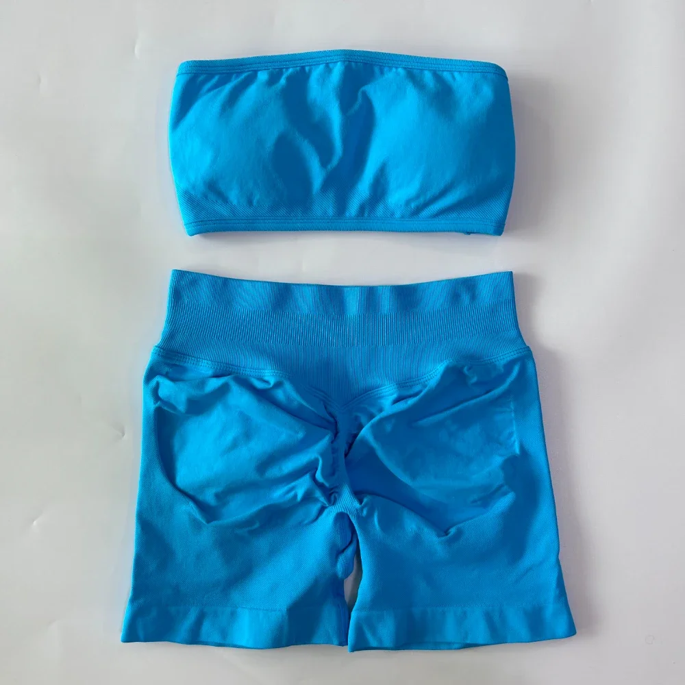 Conjunto de Yoga sin logotipo para mujer, 2 piezas, Bandeau con espalda descubierta, Sujetador deportivo, pantalones cortos, ropa de Yoga, conjunto de gimnasio, ropa de entrenamiento, conjuntos de trajes