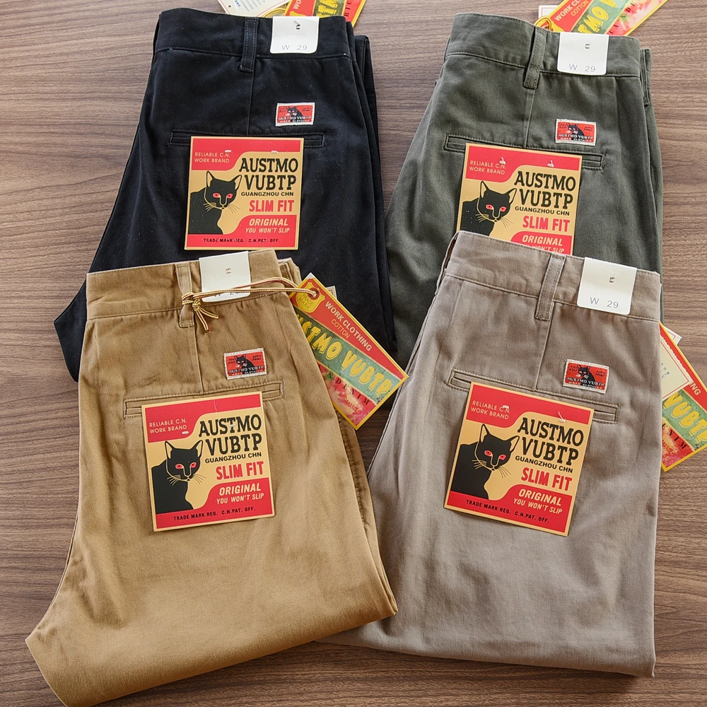2025 primavera otoño nuevos pantalones de conducción tejidos de sarga Retro americano pantalones casuales rectos Chino lavados de algodón 100% simples para hombres