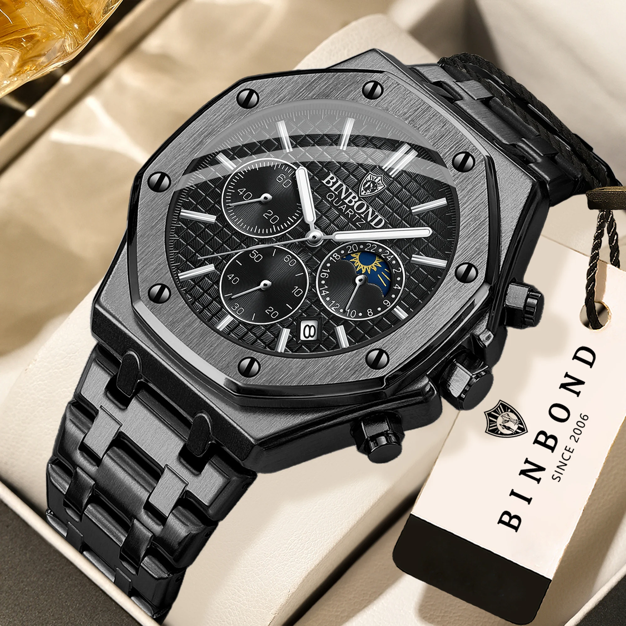 Relojes de Pulsera de Cuarzo de Lujo BINBOND, Luminosos, Resistentes al Agua, con Fecha Automática, Cronógrafo, Reloj Deportivo de Negocios para Hombre